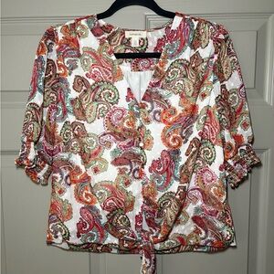 Tamara H White Paisley Tie-Front Short Sleeve Blouse